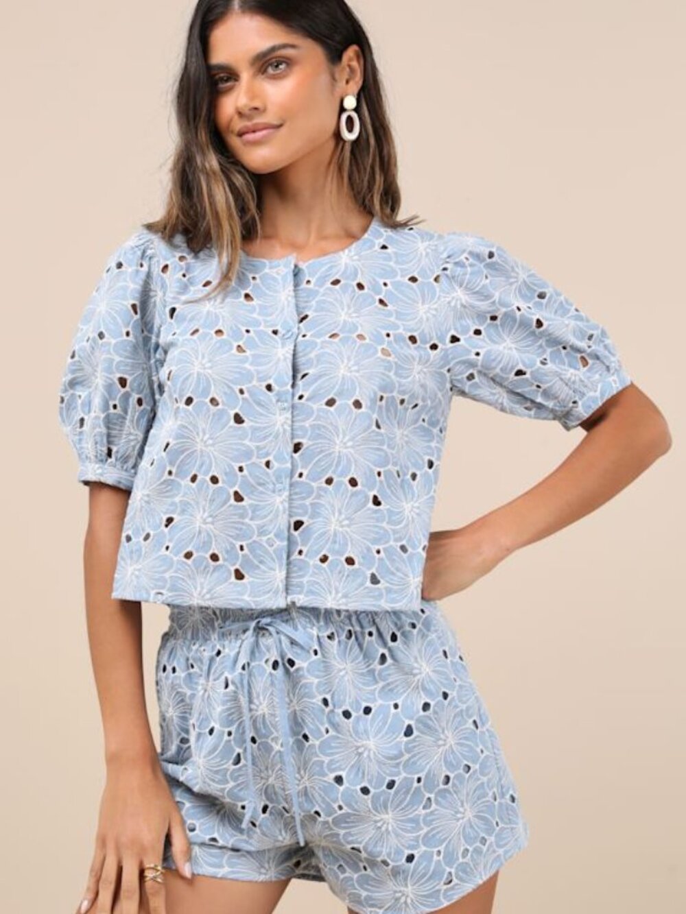 Lulus Aminta Blue Eyelet Embroidered Puff Sleeve Top - Size L